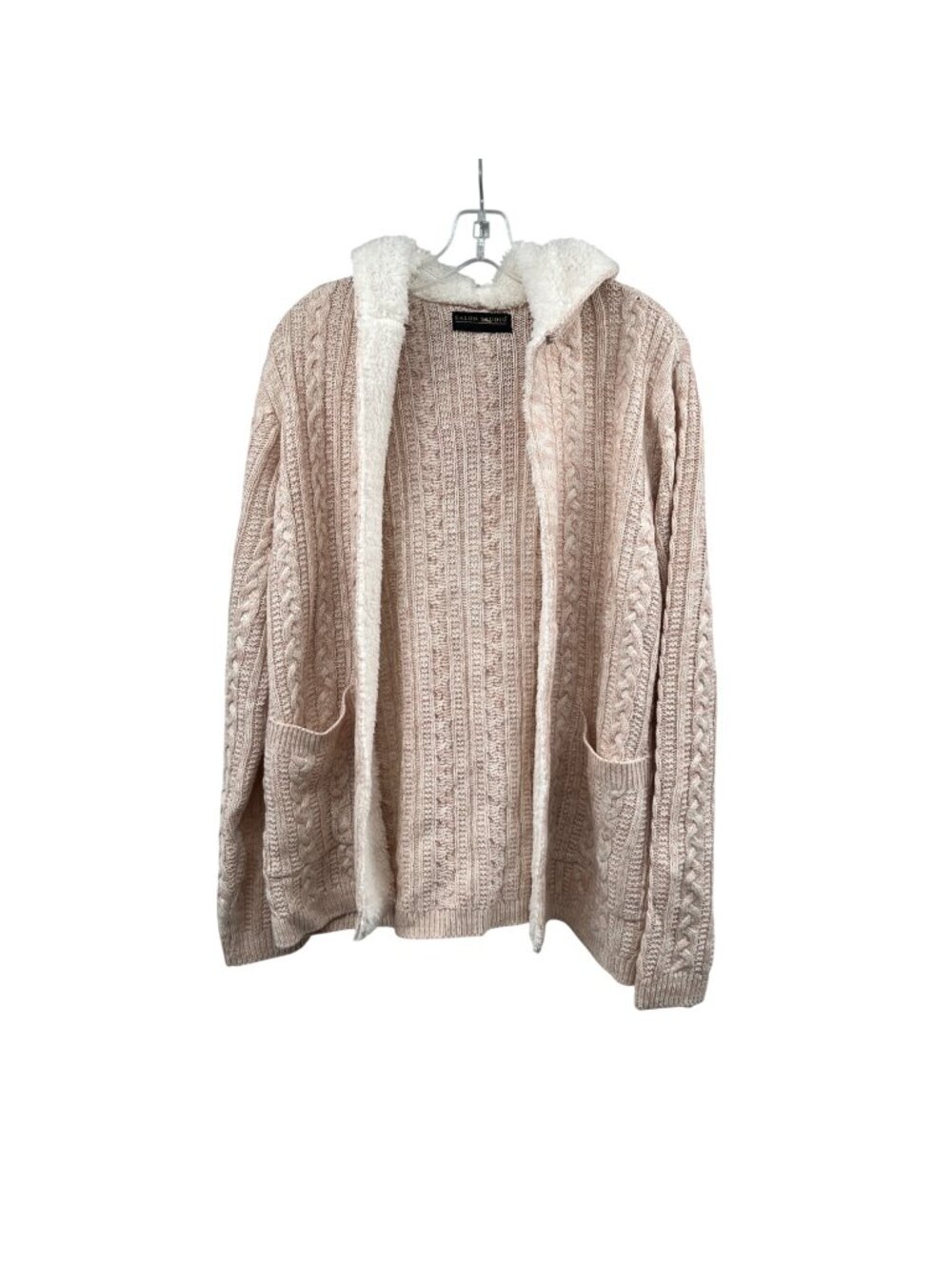 Salon Studio Hooded Cardigan Pink/White Knit Faux Fur One Size Fits All
